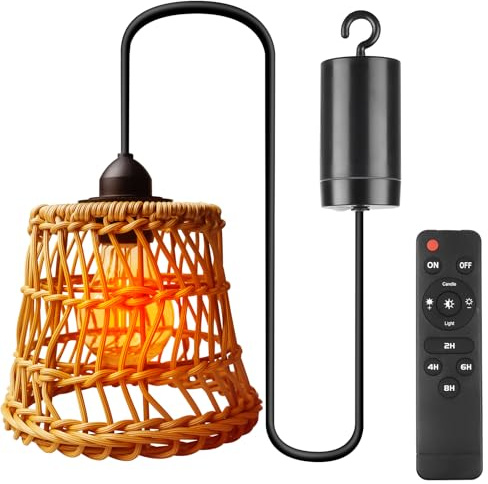 Behogan Hängeleuchte Rattan, Lampe Tragbare Boho Rattan Lampenschirm, Outdoor E27 Outdoor Beleuchtung Hängelampe, Hängelampe Outdoor für Keller Schlafzimmer Weihnachten Party Deko Geschenk