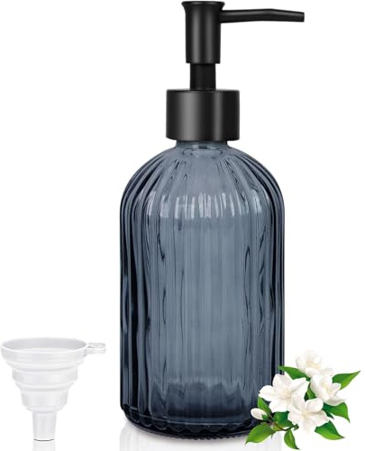 GKSCXEXE 400ml Stripe Glass Soap Dispenser with Black Plastic Pump & Funnel, Refillable Pump Bottle Hand Wash Washing Liquid Dispenser Shampoo Container for Bathroom, Kitchen (Grayish Blue)