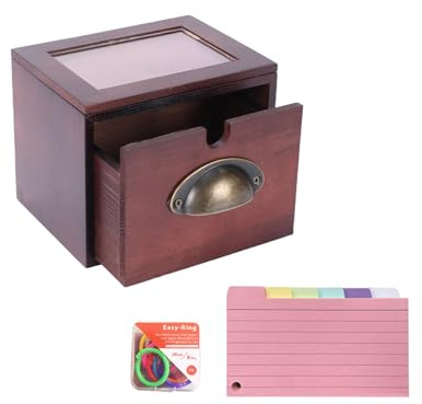 ZoeQide A7 Lernkarten Set mit 150 bunten Karten und 8 Metallringen Schule | Karteikartenbox aus Holz mit schienenlosem Öffnen und Sichtfenster für übersichtliches Sortieren zu Hause und im Studium