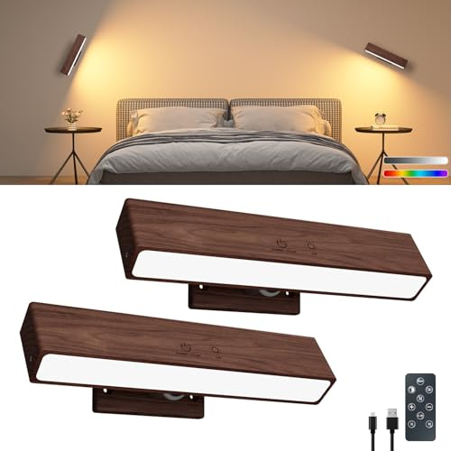 DetarZinLED Wandleuchte Akku Fernbedienung & Touch Nussbaum 2 Stück | Wandlampe Ohne Bohren, Bett Leselampe, Dimmbar, 3 Farbmodi & RGB, Magnetisch, 360° Drehbar, Schlaf/Wohnzimmer, Aufladbar