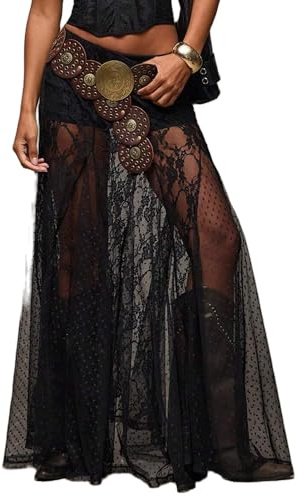 Lshyuehao Women Tiered Sheer Lace Maxi Skirt High Waist See Through Floral Mesh Long Skirt Clubwear Party Flowy A-Line Skirt (A-Black, L)