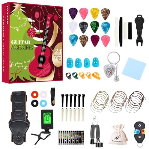 Gitarrenplektrum Weihnachten Adventskalender, Gitarrenplektrum Adventskalender, 24 Tage Countdown-Kalender von Guitar Joy mit Plektren, Saiten, Stimmgerät, Schlüsselanhänger, Bridge Pins, Saitenkurbel