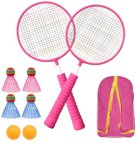 Federball Set Kinder, 1 Satz Federball Badminton Schläger Set, Enthält 2 Rosa Schläger, 4 Federbälle, 2 Tischtennisbälle, 1 Tasche, Geeignet für Kinder und Jugendliche, Indoor und Outdoor Nutzbar