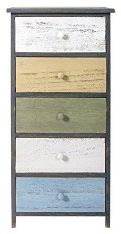 Rebecca Mobili Sideboard im Vintage-Stil, Schrank mit 5 Schubladen, für Schlafzimmer Bad, Paulownienholz, Grau Weiß Beige Hellblau – Maße: 87 x 40 x 29 cm ((HxLxB) – Art. RE4885