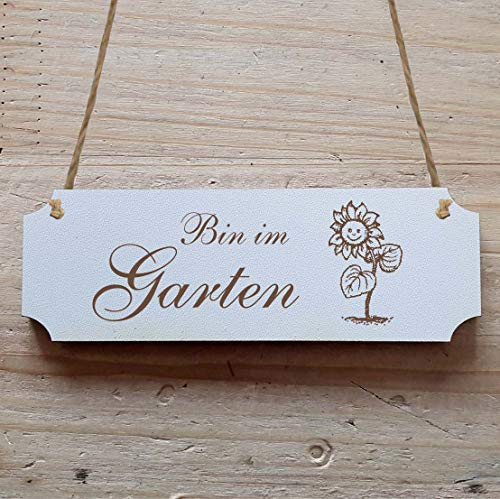 Schild « BIN IM GARTEN » 20 x 6,7 cm - Mit Motiv - Dekoschild Holzschild Türschild - Gärtner Florist