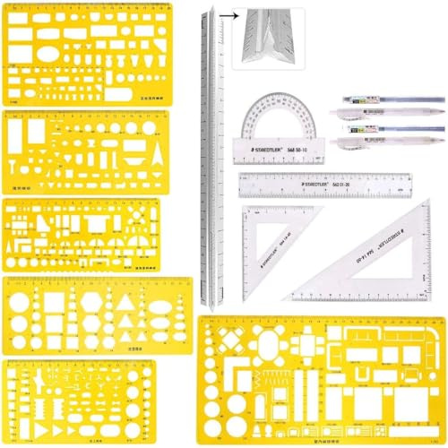 Swpeet 12 st plast gula geometriska ritmallar kit, 6 olika geometriska mätritningar mallar schabloner med 2 st pennor och 5 st mätlinjal för ritning teknisk ritning