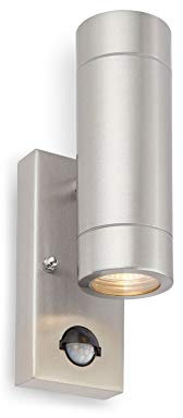 Palin Outdoor Lights with Built-in PIR – Outside Lights Mains Powered – GU10 LED Compatible Outdoor Wall Lights – Up Down Outside Lights – IP44 Rated Wall Light, Brushed Stainless Steel