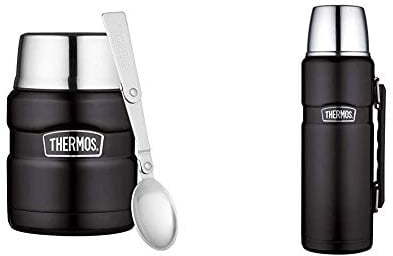 THERMOS Termo King de acero inoxidable, negro de 1,2 l, termo con vaso & Thermos Recipiente para Alimentos de Acero Inoxidable, Acero Inoxidable, Negro, 9,3 x 9,3 x 14,2 cm