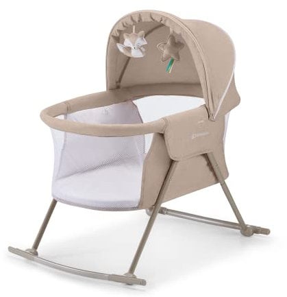 kk Kinderkraft Kinderbett 3 in 1 LOVI, Kinderreisebett, Stubenwagen, Babywiege, Zusammenklappbar, Einfach Transport, mit Zubehör, Tasche, Moskitonetz,von Geburt bis 9 kg, 1 Stück (1er Pack), Beige