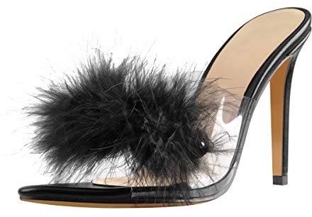 MissHeel High Heel Slipper Slip on Sandalen mit Puschel Schwarze Federn Sommersandalen EU 37