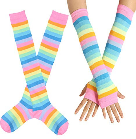 SherryDC Womens Girls Rainbow Striped Knee High Socks Long Arm Warmer Fingerless Gloves Set - pink - One Size