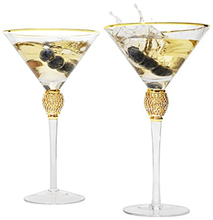 Diamond Collection 2 Piece Stemmed Martini Set - Rhinestone For Drinking Martinis , Manhattans, Vodka, Gin, Cocktails Gold Accent Cocktail Glasses, Perfect For Any Bar or Party 10oz - Wedding Style