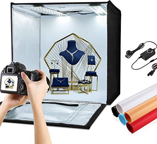 PULUZ Fotostudio 23.6’/60CM Weißlicht Dimmbar Lichtzelt Tragbare Faltbare Studiobox für Business-Produktverkaufsartikel Online mit Weichem Tuch 2 Lightboard und 3 PVC-Farben/3 Vlies-Hintergründe