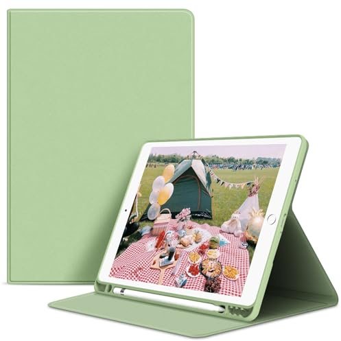 VAGHVEO Coque pour iPad 9.7 2017/2018, iPad Air1/Air 2 Étui Housse Smart Case (Réveil/Sommeil Automatique) Cover Arrière TPU Souple avec Porte-Stylo pour Apple iPad 5e/6ème/Air 1/2, Vert Clair