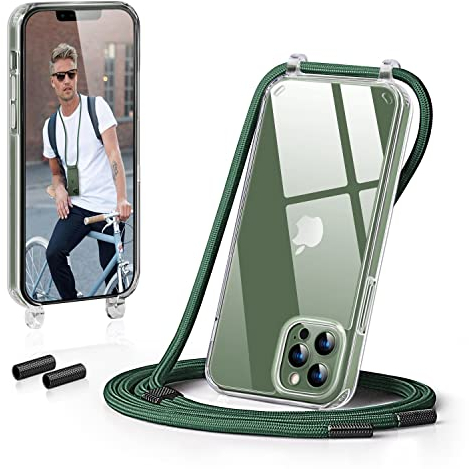 GOODVISH Handykette Kompatibel mit Apple iPhone 13 Pro Max 6,7 Display, Necklace Hülle mit Band Handyhülle für zum Umhängen,Transparent Case mit Schnur,Kameraschutz und Bildschirmschutz, Dunkelgrün
