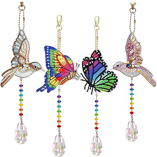 Senyanoe 4 Stück Diamond Painting Sonnenfänger Windspiel Anhänger Hängender Handwerk Diamond Painting Full Strass mit Werkzeugtasche für Fenster Garten Außen (Schmetterling und Vogel)
