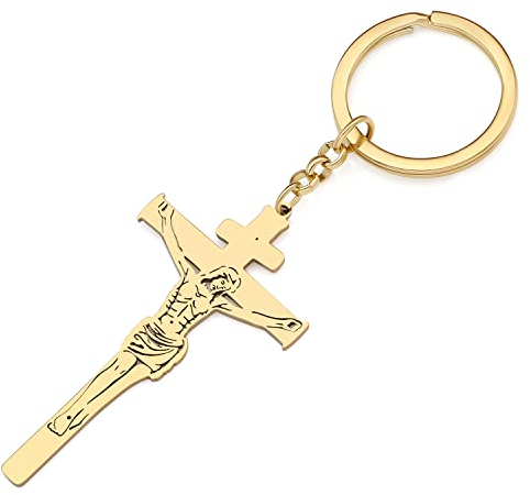 RAIDIN Edelstahl 18K Gold Silber Plattiert Jesus Charms Schlüsselanhänger Kreuz Christliche Geschenke für Männer Frauen Auto Handtasche Schlüssel Dekorationen (Gold-167)