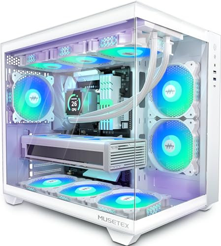 MUSETEX ATX PC Case,5 PWM ARGB Fans Pre-Installed,360MM RAD Support,Type-C Gaming PC Case,270° Full View Tempered Glass Mid Tower PC Case,Pure White ATX Computer Case,Y6