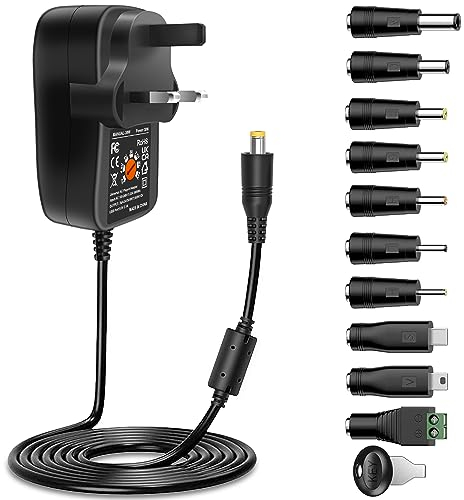 30W Universal Power Adapter AC to DC Wall Main Charger, Multi Voltage 3V 4.5V 5V 6V 7.5V 9V 12V with 10 Selectable Adaptor Plugs for Household Electronic with 5V 2.1A USB Port, 2500mA Max