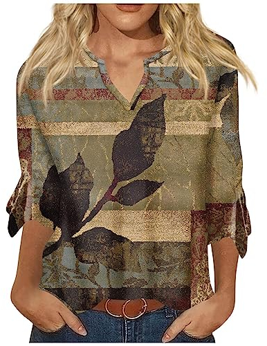 Bandana Hemd Damen 3/4 Lotus Blatt Ärmeln V-Ausschnitt Lockere Fließende Herbst Oberteile Lockere Lässige Blusen In Übergröße für Damen Button Down Blumen T-Shirt für Damen Vintage Braun XXL