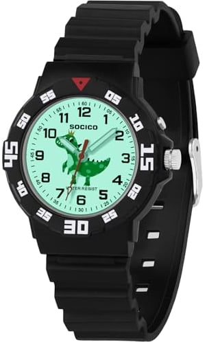 TENOCK Kinder Lernuhr Dinosaurier mit Nachtlicht für Jungen 30M wasserdichte Armbanduhren für Kinder von 4-12 Jahren Geschenk für Geburtstage/Ostern/Kindertag/Weihnachten/Neujahr Schwarz