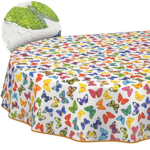 ANRO Tischdecke abwaschbar Bunte Schmetterlinge mit Saum oval 180x140 cm | mit Saum eingefasst – schmutz- & wasserabweisend, pflegeleicht – waschbar bei 30 °C – ideal für Garten, Terrasse & Esszimmer