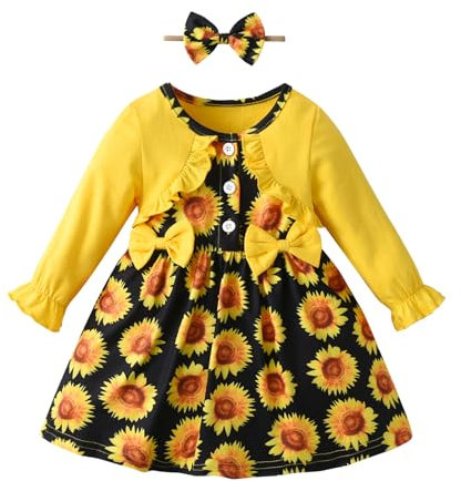 Derouetkia Infant Baby Girl Dress Ruffle Long Sleeve Bow Floral Printed Suspender Dress for Toddler Baby Girls, Yellow, 2-3 Years