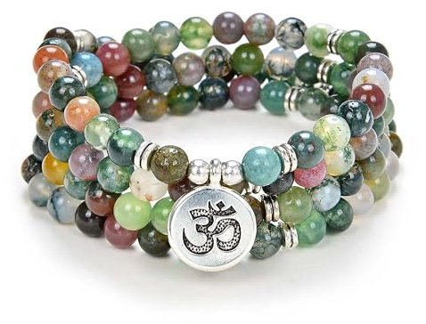 Yoga Symbol Anhänger Charm 108 Mala Beads Meditationsarmband oder Halskette für Männer oder Frauen (Indischer Achat (Indian Agate))
