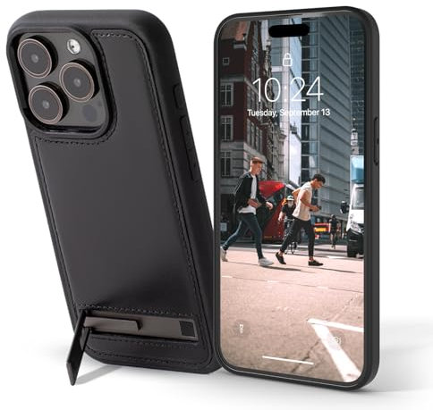 Snakehive Metro Leather Case Compatible with iPhone 15 Pro || Genuine Leather & Wireless Charging Compatible Cover with Kickstand || Real Leather Phone Case (Black)