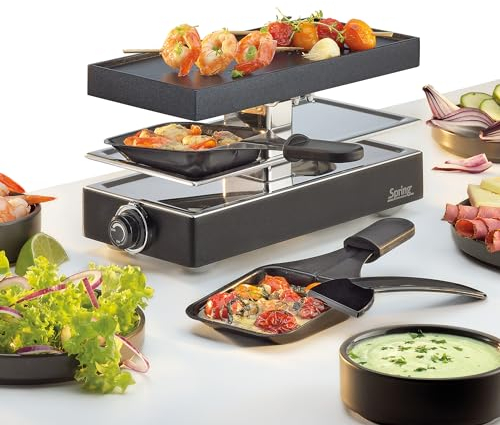 Spring CLASSIC Raclette 2 Personen Schwarz | Tischgrill elektrisch | Antihaftbeschichtete Alu-Grillplatte | 2 Pfännchen & Raclette Schaber | Abstellebene | 25,5×1 ×12,5 cm | 440W | Raclette Grill