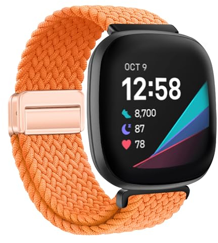 XMUXI Geflochtene Uhrenarmband Kompatibel mit Fitbit Sense 2/Sense/Fitbit Versa 4/Versa 3 Armband Damen Herren, Magnet Nylon Elastisches Ersatzarmband for Fitbit Armband, Orange