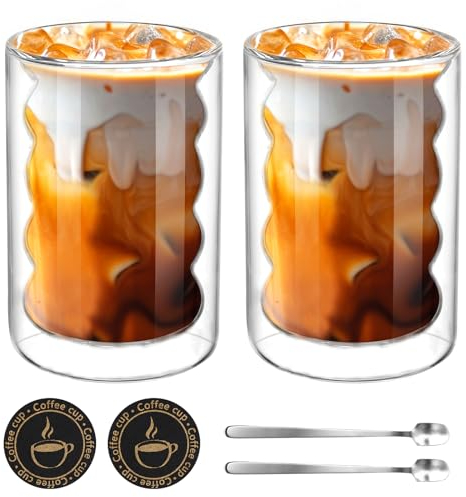 Set di 2 Bicchieri Espresso Doppia Parete, 350ML Tazzine da Caffè in Vetro a Doppia Parete con 2 Cucchiai e 2 Sottobicchieri, Vetro borosilicato per Tè, Caffè, Latte, Cappuccino, Espresso (2pcs)
