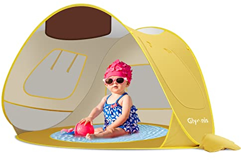 Glymnis Tienda de playa para niños, tienda Pop-Up para niños en forma de cachorro con mini piscina, tienda para recién nacidos, plegable, portátil, protección solar UPF 50+ amarillo