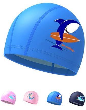 Gorro Piscina Niño de 4 a 9 Años, Gorro de Natación Niña, Material de PU (Tiburón, Azul)