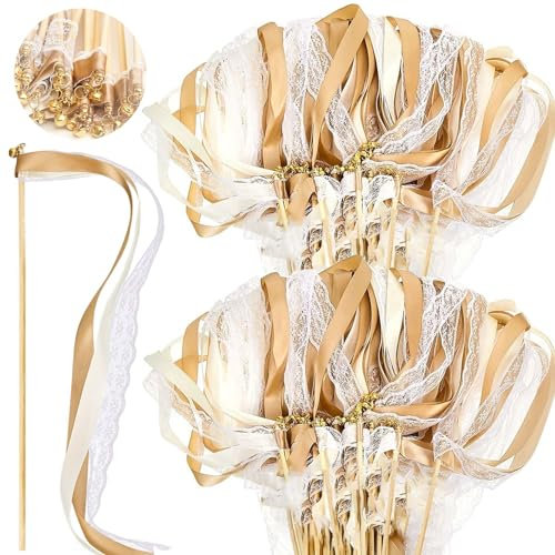Wedding Wands,30 Stück Hochzeitsstäbe,Romantic Spitze Stäbe mit Hochzeitsbändern,Seidenfeenstab,Zauberstäbe mit Band Glocken,Gastgeschenke für Partys,Hochzeit Geburtstag Party
