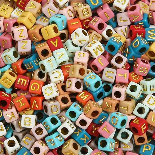 HERZONE 1000pcs buchstabenperlen zum Auffädeln gold Acryl Alphabet Perlen Mix A-Z Perlen für die Schmuckherstellung DIY Halskette Armband Schlüsselbund (bunt gold /6x6mm)