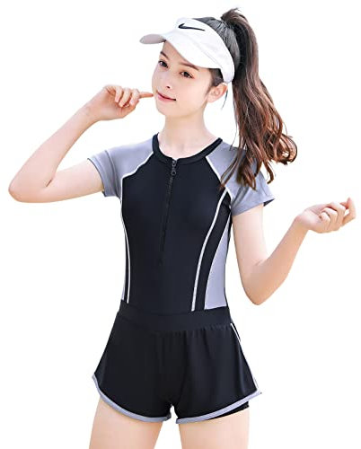 MEILONGER Girls Swimsuits, Kids One-Piece Short Sleeve Swimwear Rashguard Bathing Suits Quick Dry Dress Swim Shirts Size 8,10-12,14-16(Black Gray,14-16)