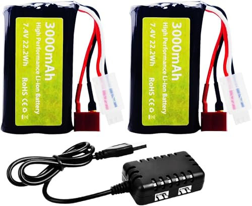 2PCS 7.4V 3000mah 15C 2S Li ion Battery with T-Type Plug and 2in1 Charger for WLtoys 12423 12401 12403 12428 High-Speed RC Cars 1/10 1/12 1/16 Ratio RC Car Trucks RC Ship Engineering Vehicle