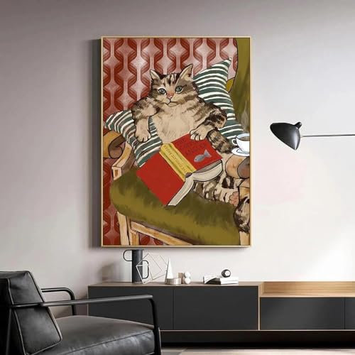 Vintage Haustier Katze Illustration Lesen Bücher Poster Drucke Spaß Tier Leinwand Malerei Wand Kunst Bilder Für Kinder Hause Dekoration 30x40cm ohne Rahmen