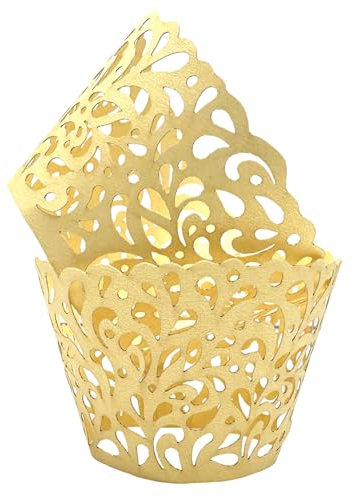 KOSTOO 50Pcs Cupcake Wrappers Water Droplet Hollowing Out Artistic Bake Cake Paper Lace Laser Cut Liner Baking Cup Wraps Muffin for Wedding Party Birthday Decoration (Platinum)