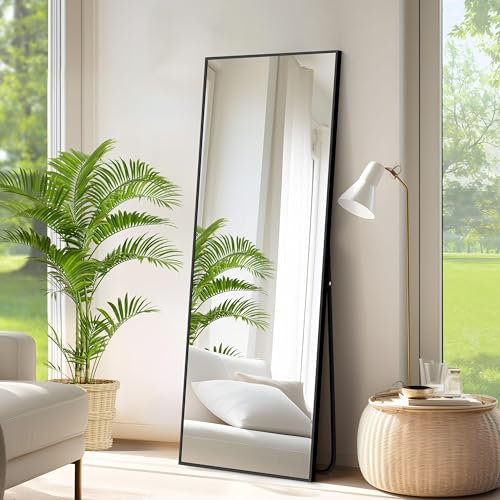 NIMURY Rechteckiger Ganzkörperspiegel, 147 x 44 cm Standspiegel mit Schwarzem Aluminiumrahmen, Groß Wandspiegel Bodenspiegel für Schlafzimmer, Eingangsbereich, Flur, Heimdekorationn