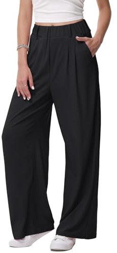 HMIYA Weite Hosen Damen-Lässig Locker Stoffhose Leichte Palazzo Hose Hohe Taille Dünne Herbst Hosen mit Tasche,Schwarze,XL/34L