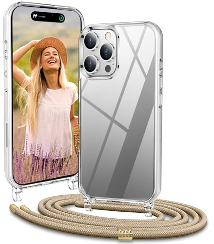 Vaykwo Handykette mit Band für Apple iPhone 16 Pro Hülle - Necklace Handyhülle - Transparente Case zum Umhängen mit Kameraschutz und Bildschirmschutz - Golden