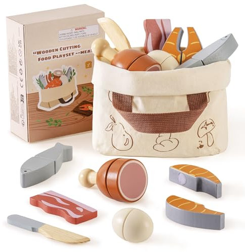 ROBOTIME - Juego de corte de madera para niños, juego de jardinería y cocina Montessori con accesorios de madera, juguetes para niños pequeños (juego de carne)