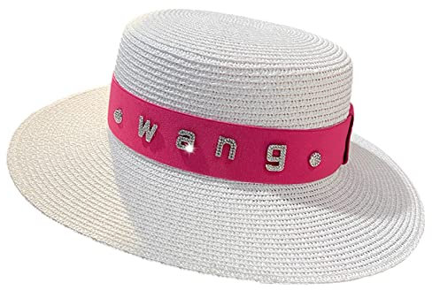 CHFYIJYHM Sombrero de Paja canotier Blanco con Parte Superior Plana for Mujer, ala Ancha, protección Solar, Sombreros de Paja de Playa, Adorno con Letras(Bianco)