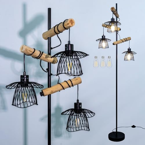 Osasy Industrielle Stehlampe mit 3 Flammen,Holz & Metall, 178cm Höhe, Verstellbare Holzarme, Fußschalter, Modern, Wohnzimmer