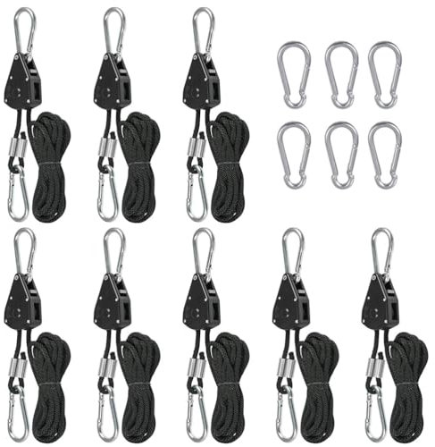 Corde à Cliquet avec Crochet 8Pcs TIMESETL Poulie a Cliquet 150 Livres Tendeur de Corde a Cliquet, Crochet Reglable Sangle a Cliquet pour Lampe Plante, Voile Ombrage, avec 6 Mousqueton de Recharge