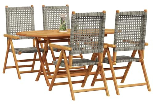 vidaXL 5-teiliges Garten-Dining-Set in Grau, aus solidem Akazienholz und Poly-Rattan. Klappbarer Tisch und Stühle für Deine Terrasse, perfekt für entspannte Abende im Freien.