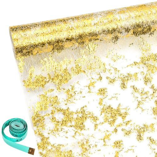 Tischläufer Gold Tischdecken Dekostoff Golden Tischband aus Organza Hochzeitsdeko mit Maßband für Geburtstage Hochzeit Karneval Taufe Geburtstage Party 28 cm×5M (Gold)