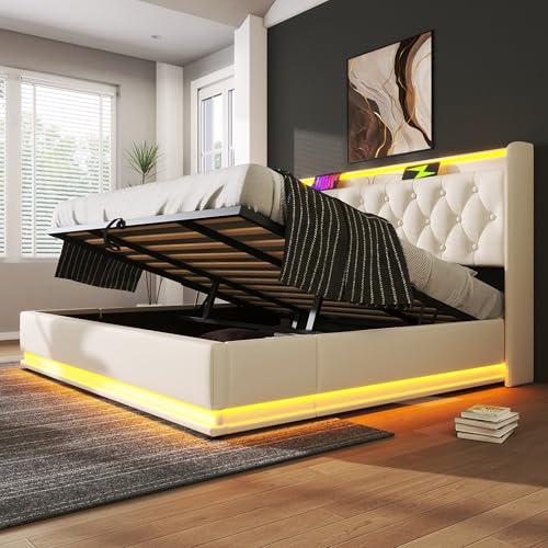 RIAZOS Polsterbett Doppelbett mit LED, Drucktaste/App/Fernbedienung, 180x200 cm, weiß PU-Material Hydraulisches Stauraumbett, Kopfteil mit USB Typ-C, Ohne Matratze